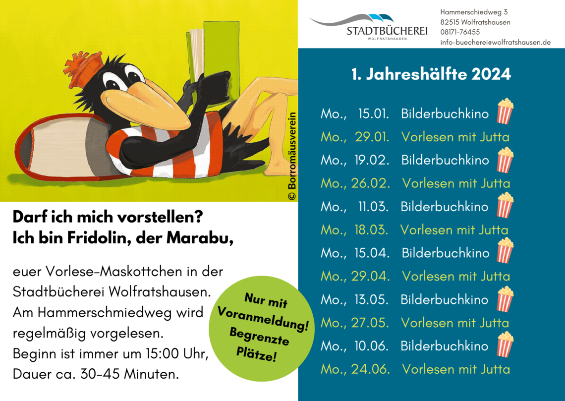 Plakat mit dem Marabu Fridolin und Terminen für Vorlesen / Bilderbuchkino in der ersten Jahreshälfte 2024